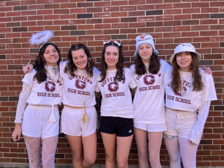 Seniors (from left to right) Holly Chamberlain, Molly Phillips-Morgrage, Arielle Korn, Lizzie Cheetham, and Caleigh Mullins before the assembly