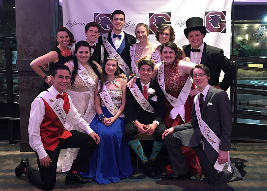 FR (left to right) Mike Fortin, Joseph Jackson. SR (left to right) Eryn Pierce, Prom Queen, Quinn Romein, Prom King, Mitchell Scacchi, and Sinéad Behan. BR (left to right) Mrs. Murchison, Andrew Lazott, Teagan Collins, Abby Poisson, Hannah Tate and Mr. Hamel.