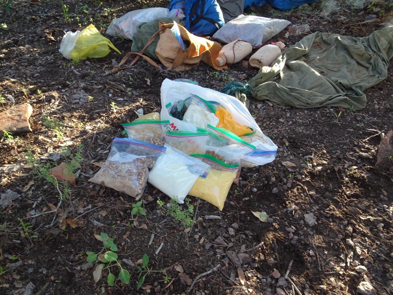 This is what a week's worth of food rations looks like. It has almonds, raisins, rice, powdered food and other items. It is heavier than it looks!