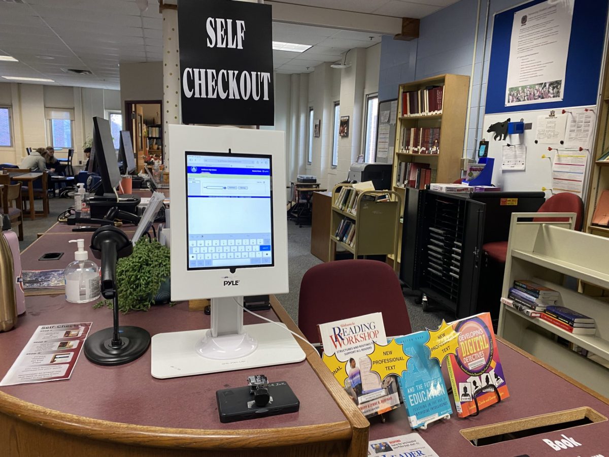 The self-checkout system in the library.